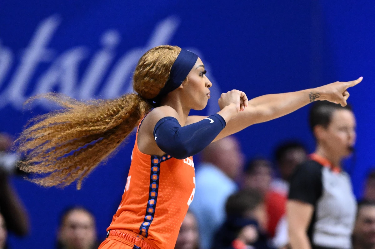 DiJonai Carrington of the Connecticut Sun reacts during a game against the Indiana Fever on June 10, 2024 in Uncasville, Conn.
