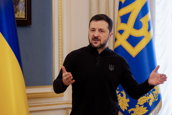 Ukraine's President Volodymyr Zelenskyy speaks to reporters in Kyiv on Wednesday.