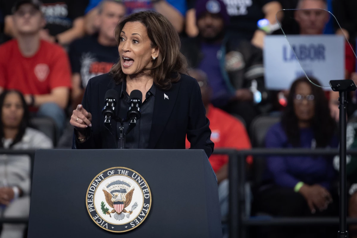 Vice President Harris speaks during a rally on Oct. 4 in Flint, Mich.