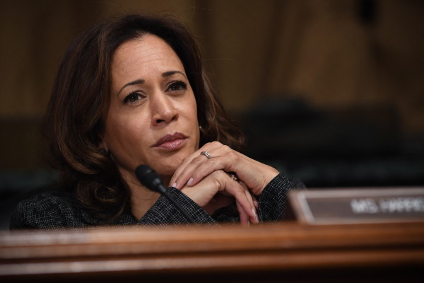 Sen. Kamala Harris, D-CA, listens to Christine Blasey Ford, the woman accusing Supreme Court nominee Brett Kavanaugh of sexually assaulting her at a party 36 years ago, testifying before the US Senate Judiciary Committee on Capitol Hill in Washington, DC, September 27, 2018.