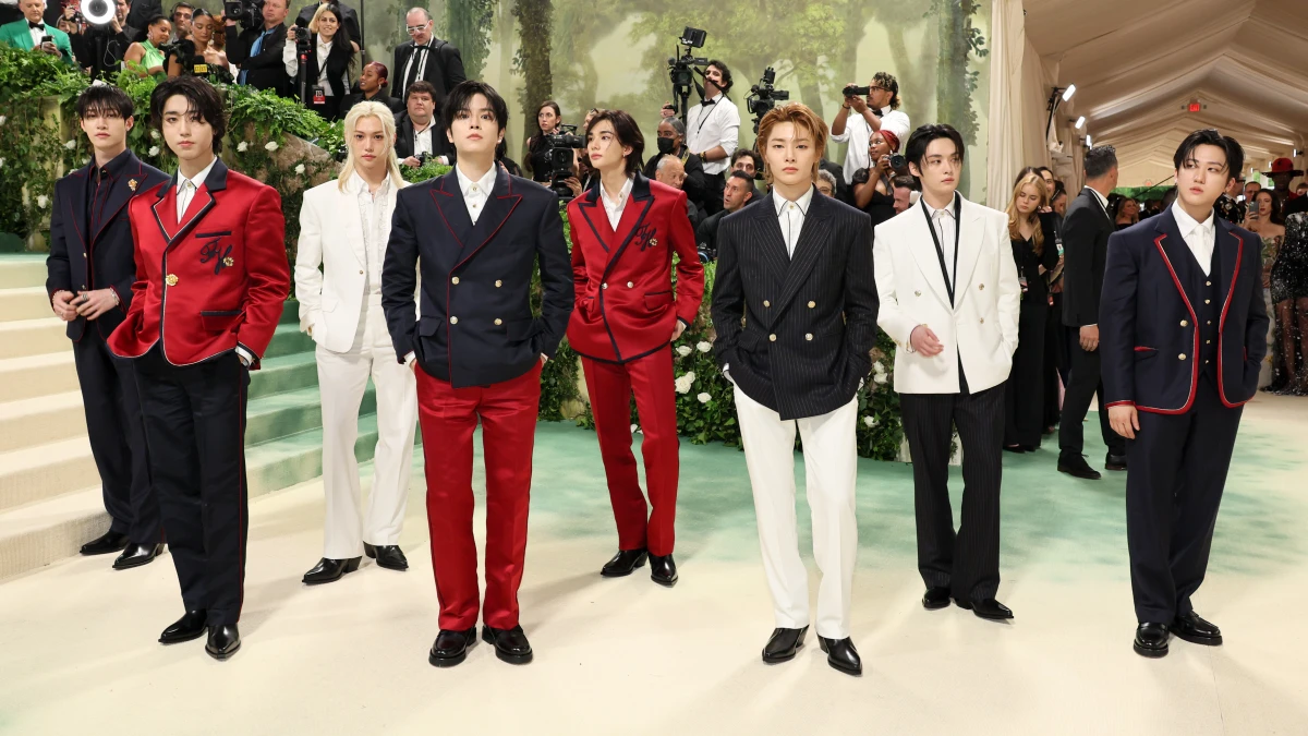 Members of the K-pop group of Stray Kids attend the 2024 Met Gala in New York City. The group's latest album, ATE, topped the Billboard 200 album chart in its opening week.