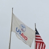 A USAID and American flag outside of United States Agency for International Development headquarters in Washington, D.C., on Feb. 3, 2025.