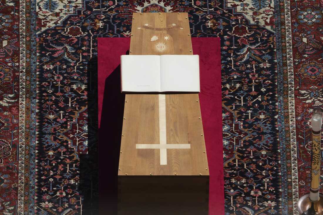 The book of the Gospels lies on the coffin of Pope Francis during his funeral ceremony.