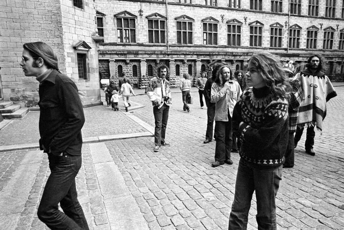 In this April 1972 black-and-white photo, Grateful Dead members are walking outdoors in Copenhagen, Denmark.