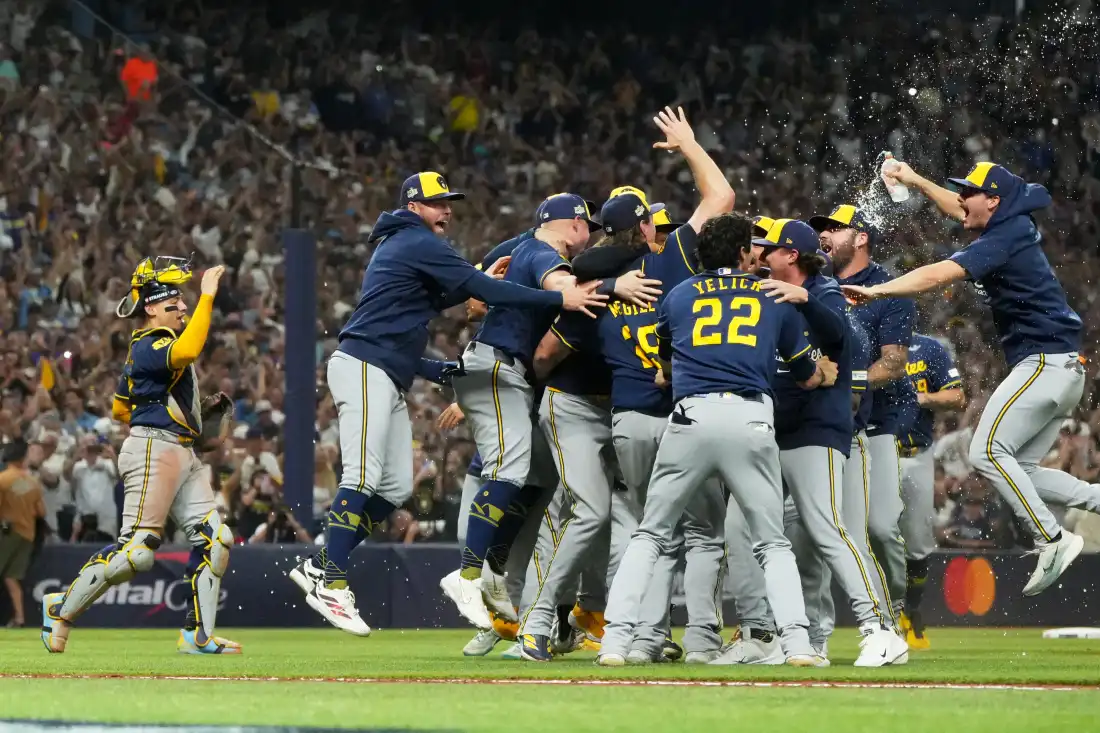 The Milwaukee Brewers celebrate after winning baseball's World Series against the Tampa Bay Rays, Wednesday, Oct. 28, 2026, in St. Petersburg, Fla.