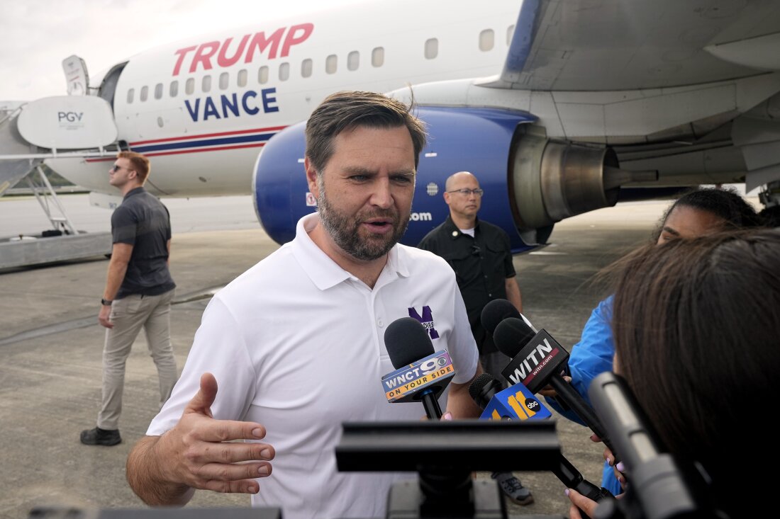 Republican vice presidential nominee Sen. JD Vance (R-Ohio) speaks to reporters before he departs Pitt-Greenville Airport following a campaign event in Greenville, N.C. on Saturday.