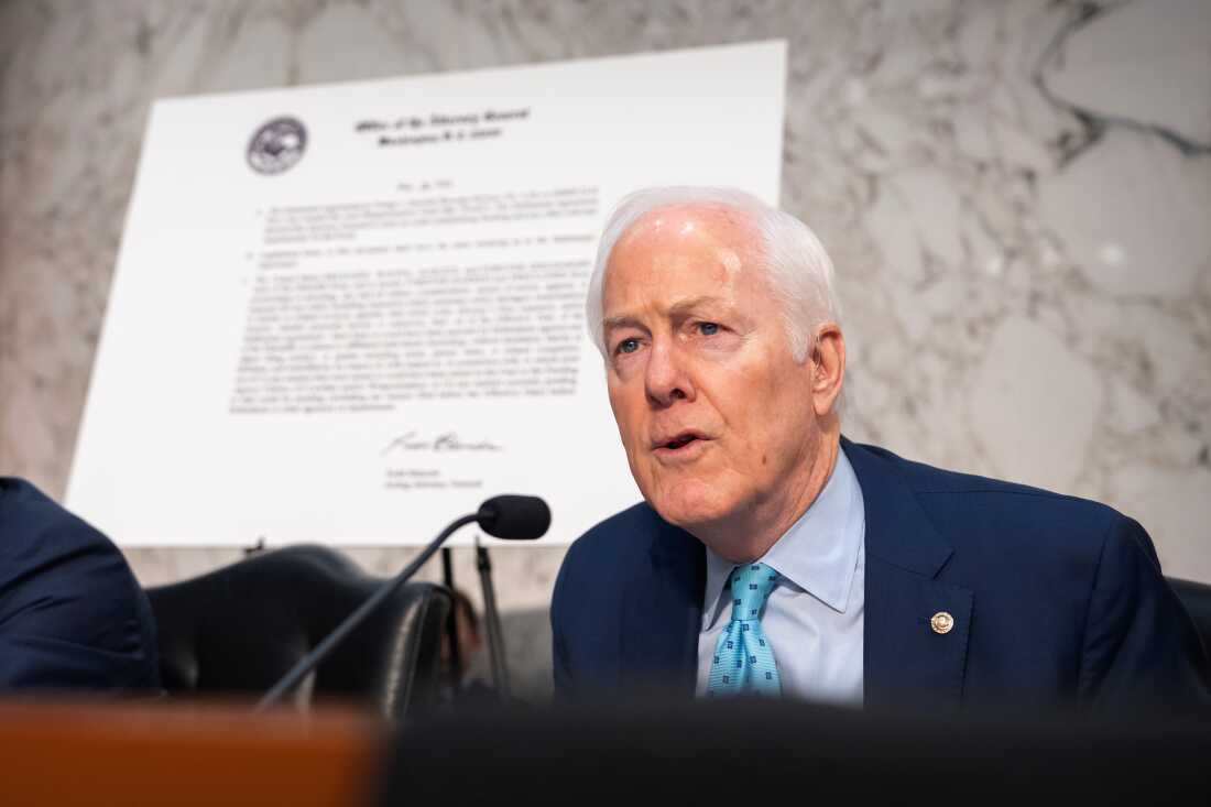 Sen. John Cornyn, R-Texas, speaks during a hearing of the Senate Judiciary Committee with Acting Attorney General Todd Blanche on Capitol Hill in Washington, Wednesday, July 15, 2026.