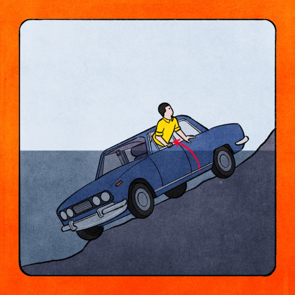 An illustration in the style of an airplane brochure shows a blue car that's fallen into a body of water from the side. The car is about two thirds submerged in the water. The window open and is still above the waterline, and a person in a yellow shirt climbs out of the window. An arrow points to them.