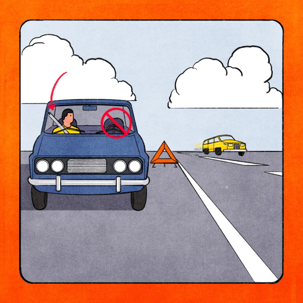 Illustration in the style of an airplane brochure that shows a car, head on, pulled over to the right shoulder of the road. A person is sitting in the passenger seat with their seatbelt fastened. A red arrow points to their location in the passenger seat and a red circle with a diagonal line through it overlays the driver's seat. An orange triangle hazard marker is set out behind the car that's pulled over as a yellow car passes on the road.