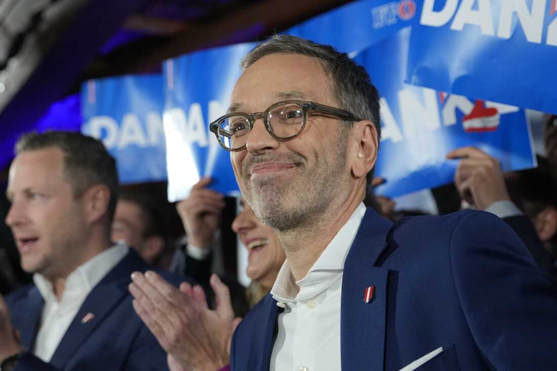 Herbert Kickl, leader of the Freedom Party of Austria, celebrates with supporters, in Vienna on Sunday, Sept. 29, 2024, after polls closed in the country's national election.