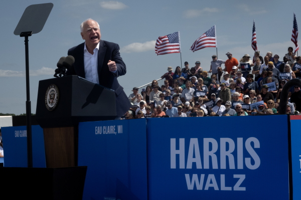 Minnesota Gov. Tim Walz, the Democratic vice presidential candidate, speaks at a campaign rally in Eau Claire, Wis., on Wednesday.