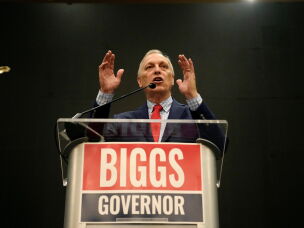 Rep. Andy Biggs, R-Ariz., who is running in the primary for Arizona governor, speaks at a campaign event July 17, 2026, in Gilbert, Ariz.