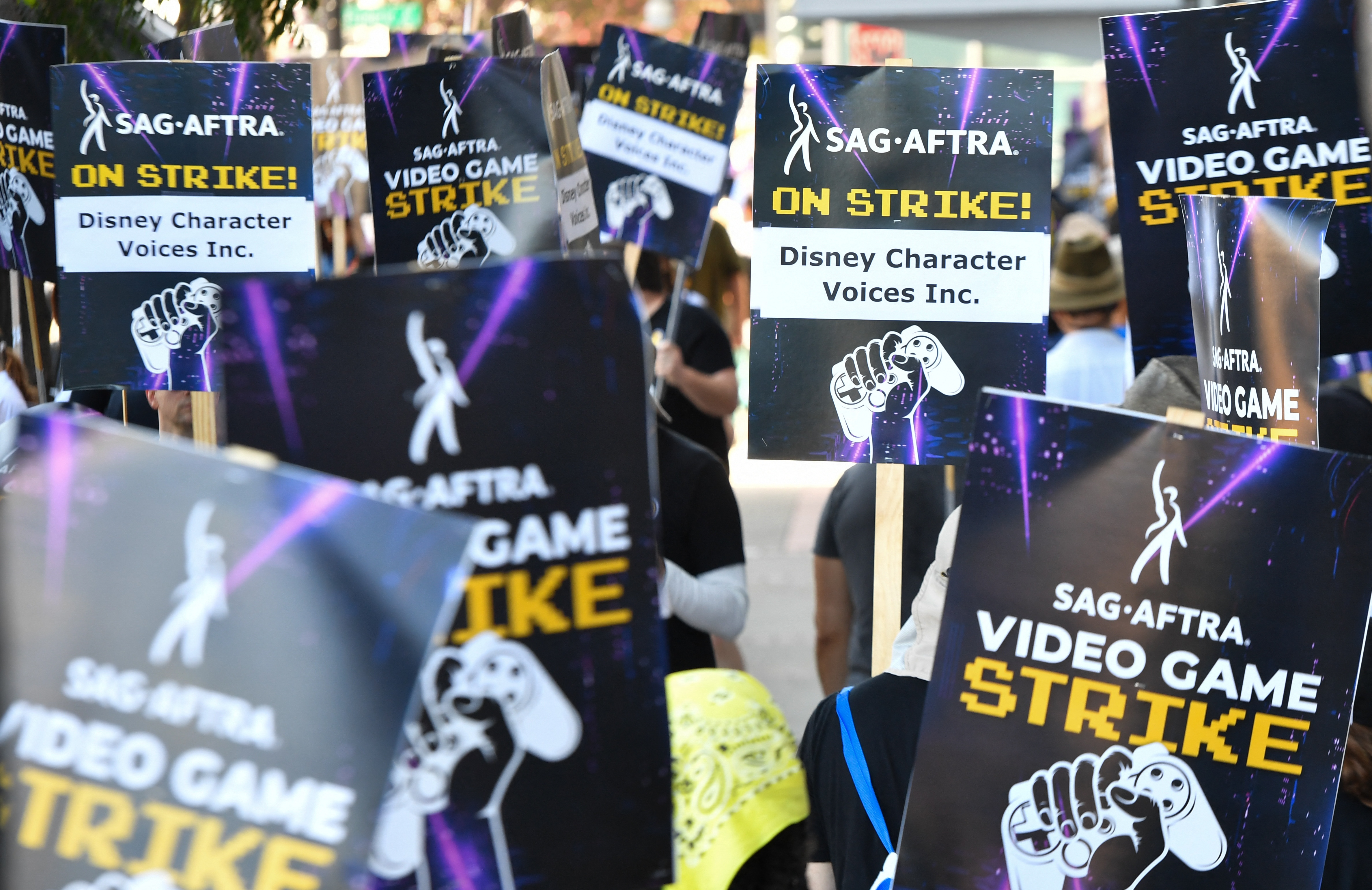 Striking performers picket outside Disney Character Voices, a subsidiary of The Walt Disney Company, in Burbank, California, in August.