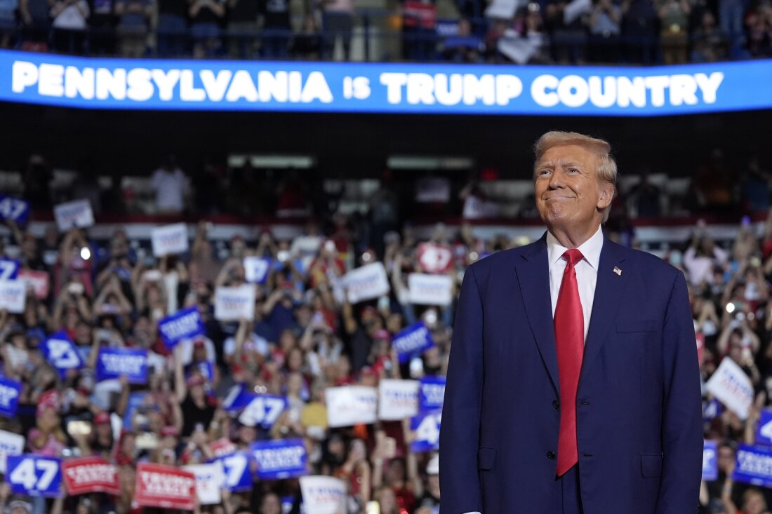 Republican presidential nominee former President Donald Trump arrives to speak at a campaign rally Saturday, Aug. 17 in Wilkes-Barre, Pa. Trump and his campaign have planned a week of events, including stops in Pennsylvania, to counter the DNC