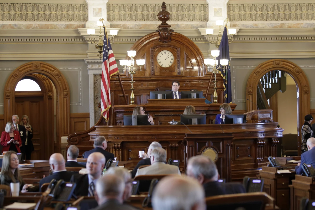 The Kansas Legislature, seen here opening its lawmaking session in January, 2020, is one of 20 states where Republicans have a 'supermajority' that allows them to override vetoes by the governor. Kansas Democrats hope to break the supermajority in the November election.