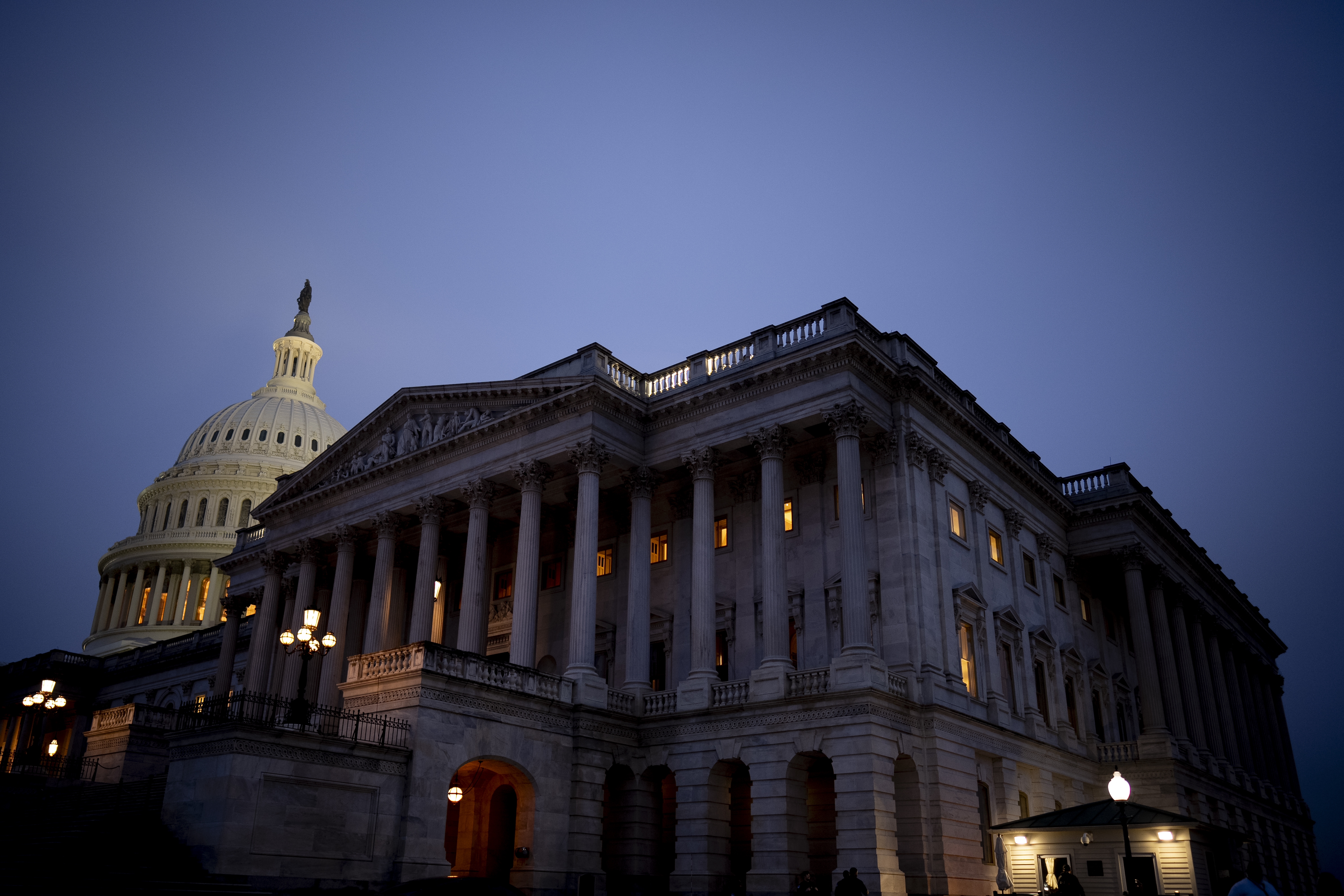 The U.S. Capitol Building is visible in the early morning hours of April 2.