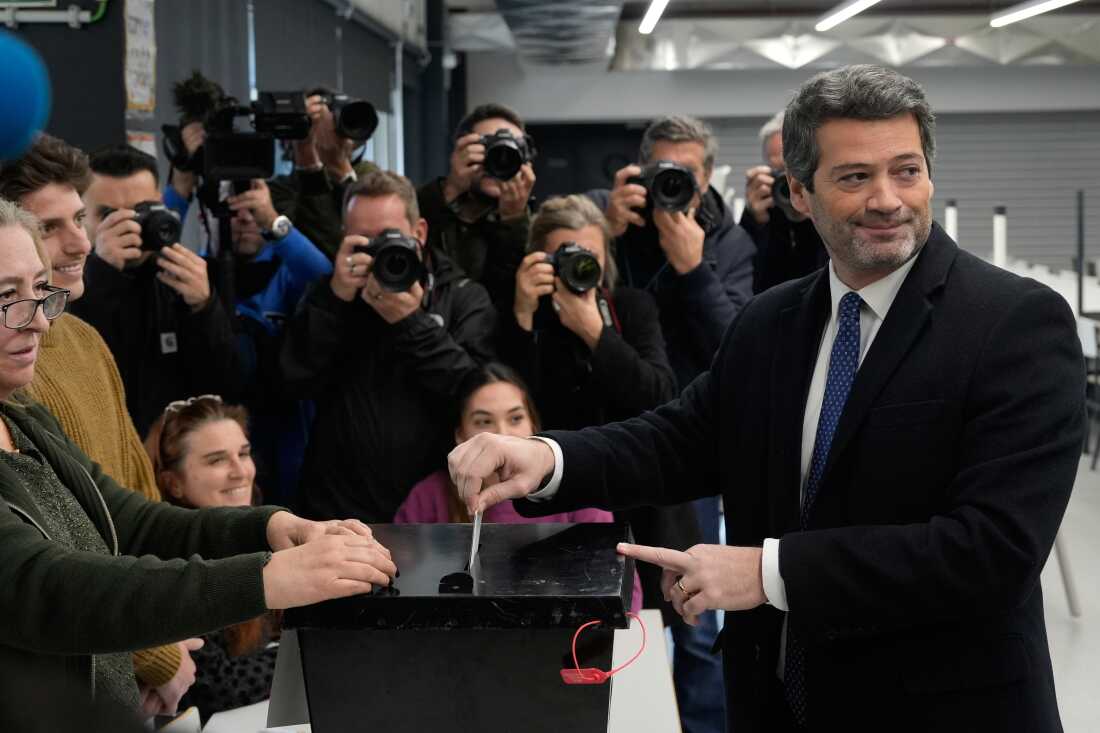 Presidential candidate Andre Ventura, of the populist Chega party, casts his ballot in Portugal's presidential election in Lisbon, Sunday, Feb. 8, 2026.