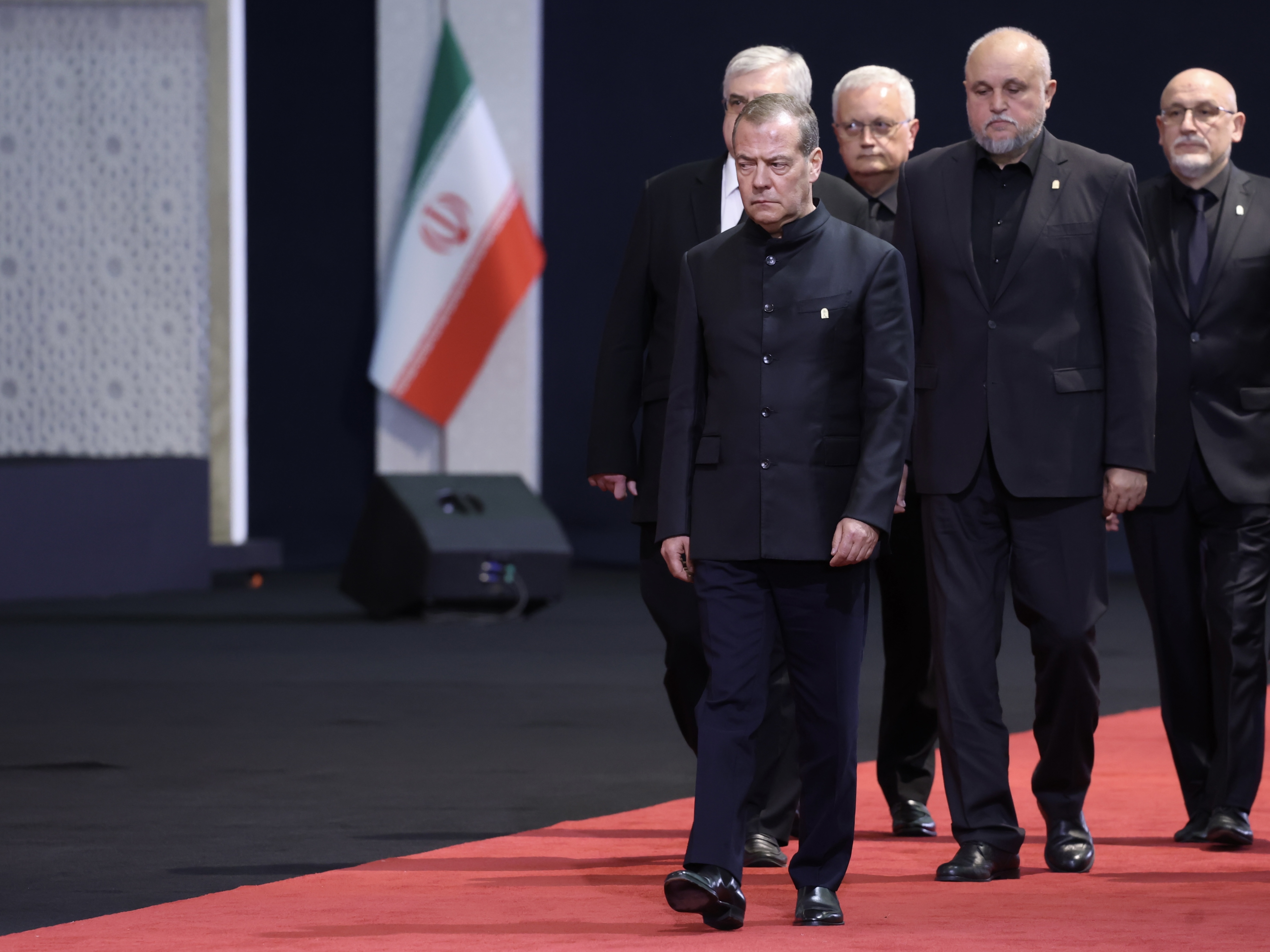 Deputy Chairman of the Russian Security Council Dmitry Medvedev arrives to attend a ceremony for the remains of Ayatollah Ali Khamenei and his family at the Imam Khomeini Grand Mosque on July 3, in Tehran, Iran.