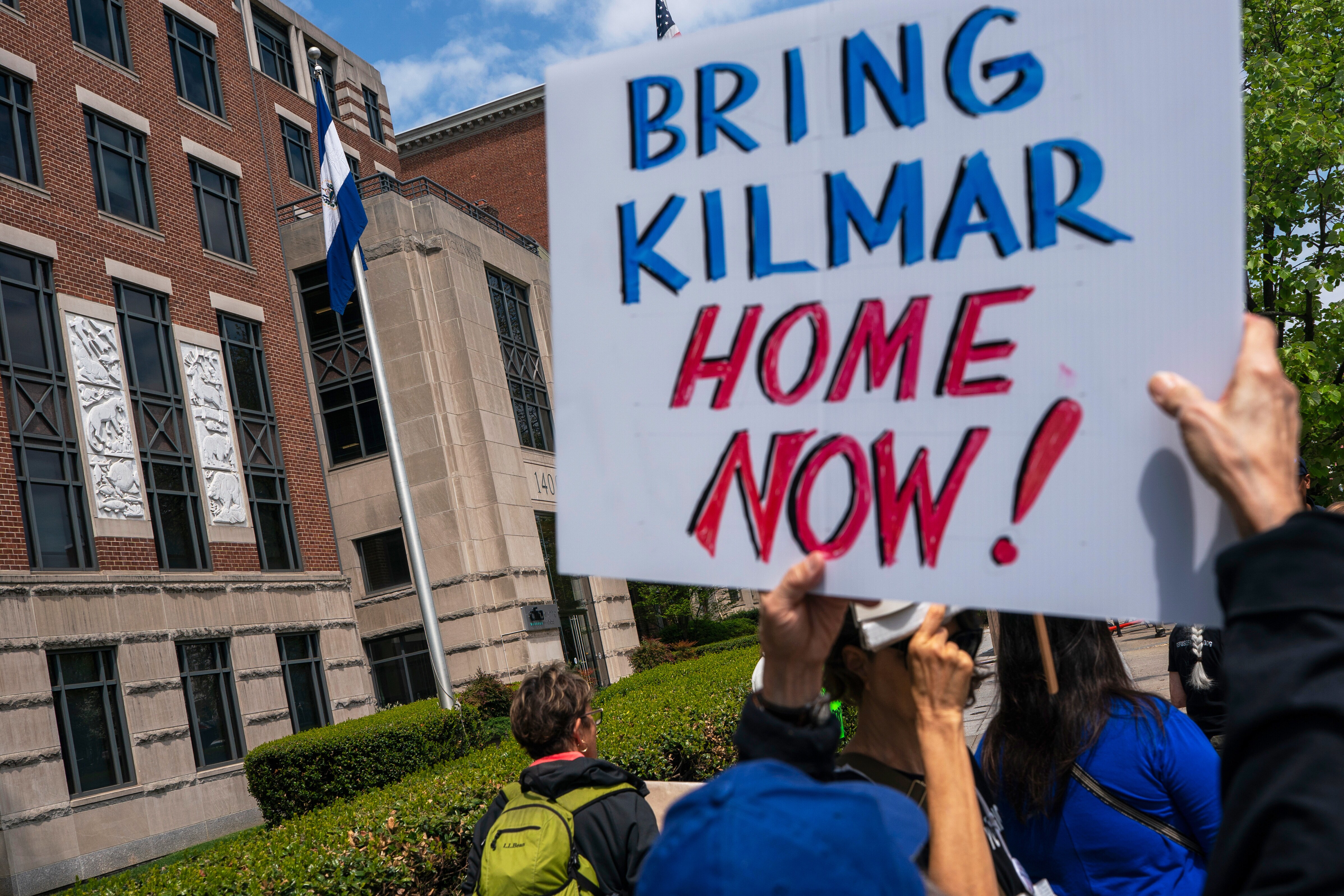 Protesters chant during a demonstration against President Trump's use of El Salvador's Terrorism Confinement Center prison, or CECOT, for people deported from the U.S. for entering the country illegally, outside the Embassy of El Salvador in Washington on April 14. (AP)