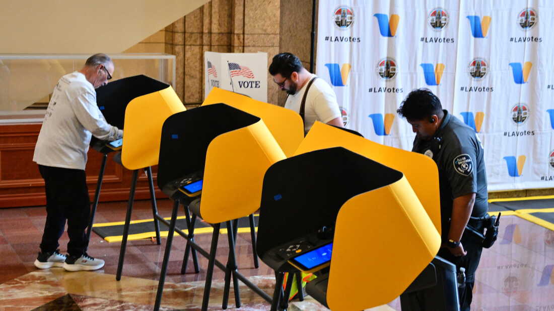 People vote at a polling location at the Metro Headquarters Building during California's state primary election in Los Angeles, California, on June 2, 2026.