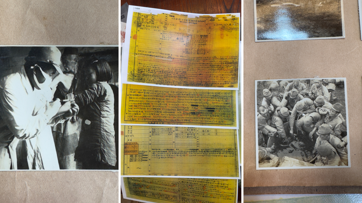  (Left to right): A photo in an album brought back to Japan from China by Katsutoshi Takegami's father shows what appears to be a Japanese doctor giving a Chinese girl an injection; A copy of the military record of Katsutoshi Takegami's father Toshiichi Miyashita, showing that he served in the Japanese Imperial Army's Unit 1644 in World War II; A photo from the same album shows Japanese soldiers filling their canteens during WWII.