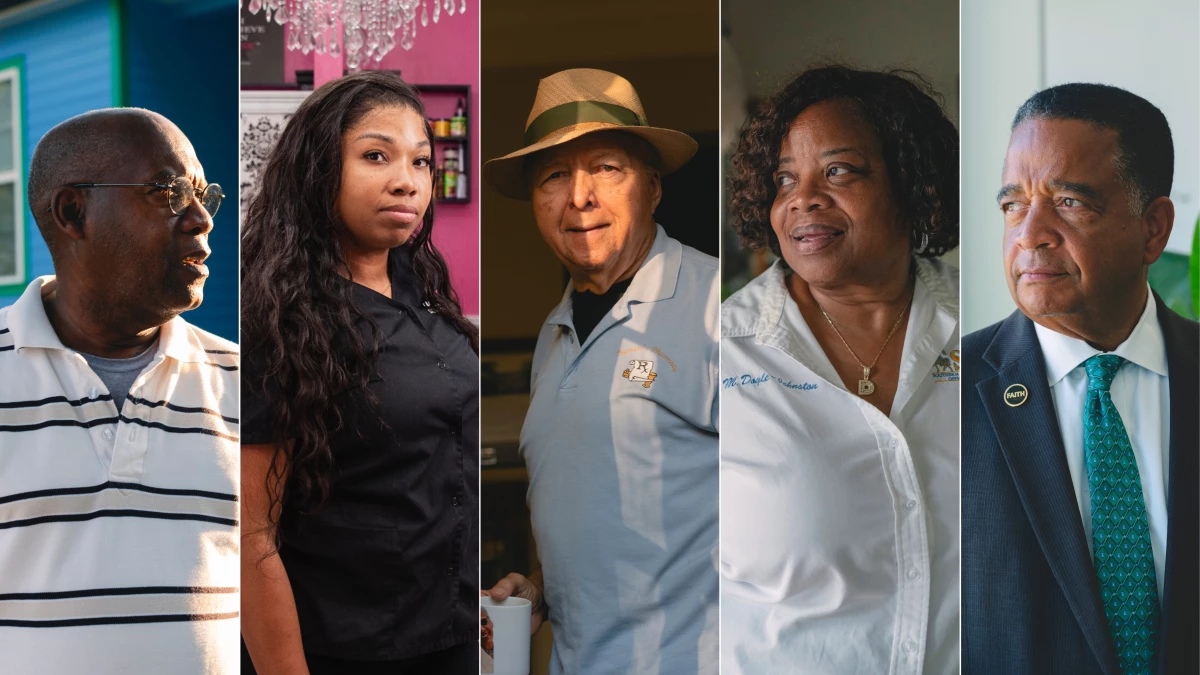 Left to right: Kenneth Avery, Brittany Penn, Adolph Bynum Sr., Marguerite Doyle Johnston, and New Orleans Councilman Eugene Green Jr. all hail from the Ninth Ward of New Orleans. Twenty years after Hurricane Katrina flooded their neighborhood, they share their stories.