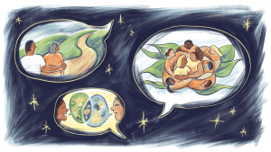 An illustration of speech bubbles in a starry dark sky, with images of people helping each other in each of them. 