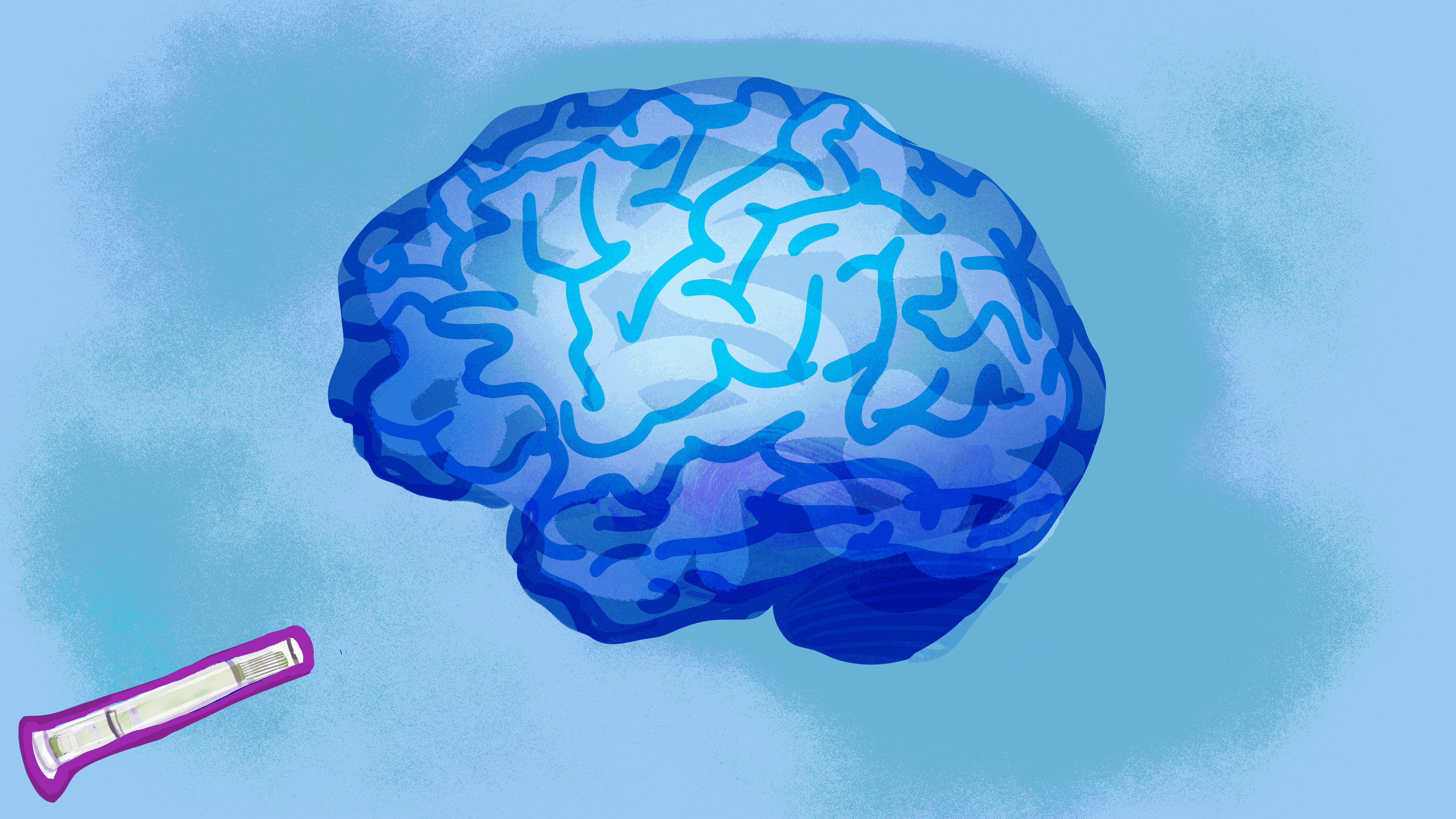 This animation shows a GLP-1 injector injecting into a blue brain, and then concentric purple waves emanate from the brain. The animation is set against a light blue background.