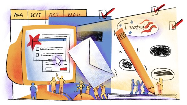 Illustration showing different methods of voter registration — in person, on paper, via the mail, online