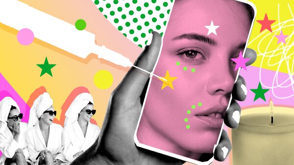 An illustration showing a hand holding a phone. An outline of a needle is seen being injected into the image on the phone, which shows a close-up of a woman. Three women are seen in the bottom left corner, wearing robes, with towels wrapped around their hair and sunglasses on. In the bottom right corner is a candle. 