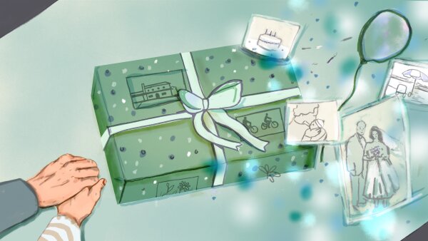 An illustration showing an elderly couple's hands is pictured next to a wrapped gift and photographs of the couple and their memories. 