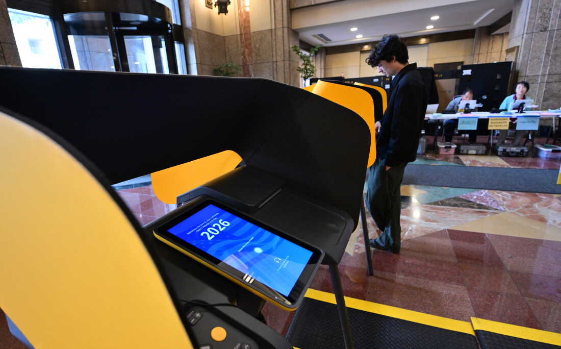 People vote at a polling location at Los Angeles' Metro Headquarters Building during California's state primary on June 2, 2026.