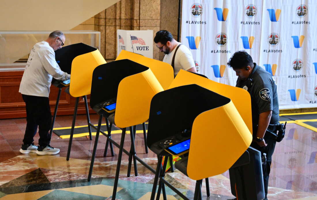 People vote at a polling location at the Metro Headquarters Building during California's state primary election in Los Angeles, California, on June 2, 2026.
