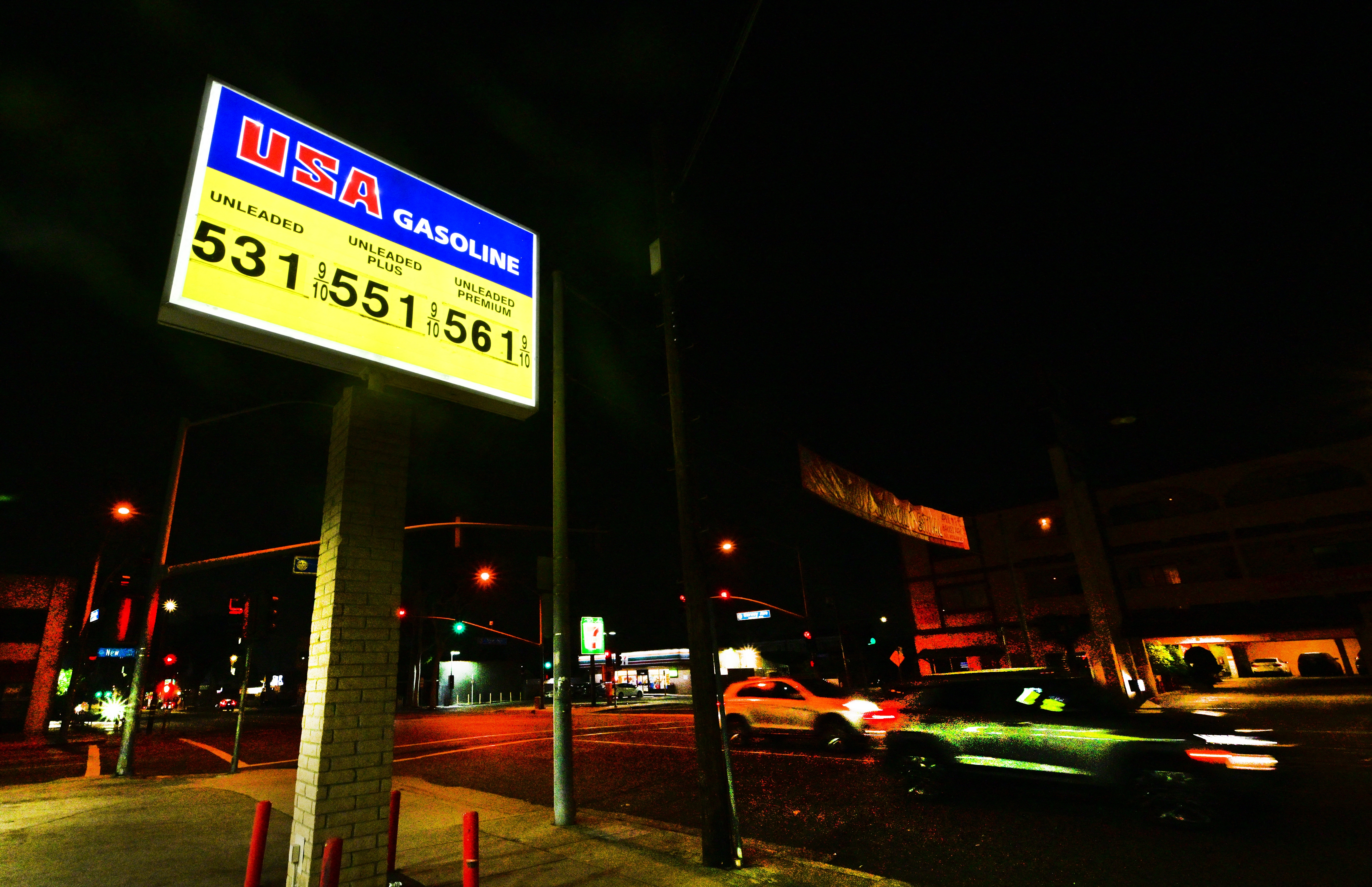 Gas prices are rising as the war in Iran continutes, adding to pressure on gig workers who drive for food delivery apps. Here, a gas station in Los Angeles, Calif., displays prices of more than $5 per gallon on Monday.