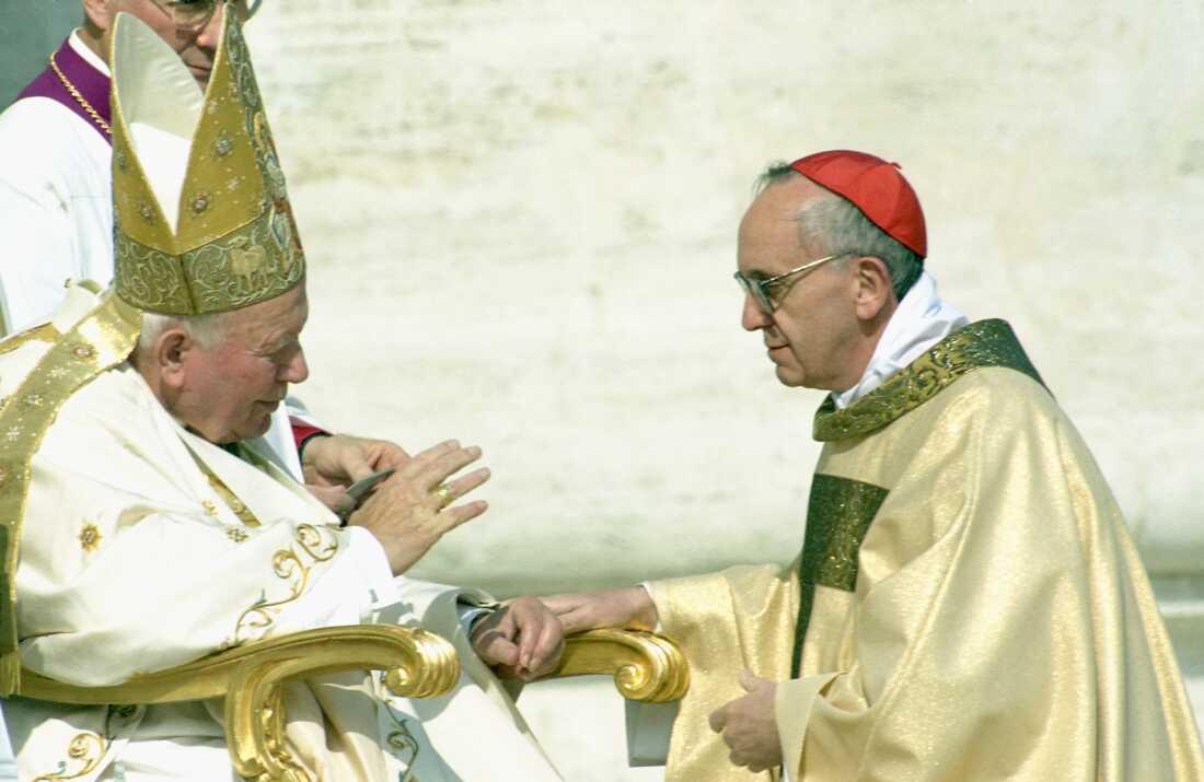 VATICAN CITY, VATICAN - FEBRUARY 21: Pope John Paul II (Karol Wojtyła) names Jorge Mario Bergoglio as cardinal during a consistory in St. Peter's Square on February 21, 2001 in Vatican City, Vatican. Bergoglio was elected Pope on 13 March 2013, the second day of the 2013 papal conclave, taking the papal name Francis. (Photo by Franco Origlia/Getty Images)