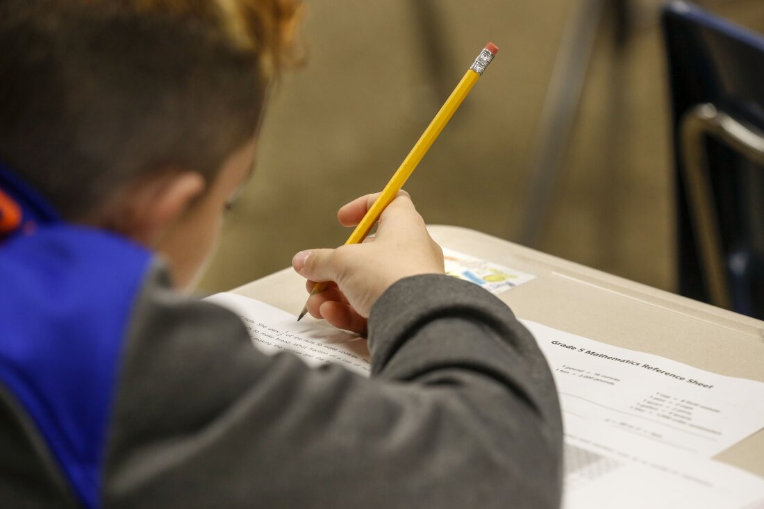 A student at Longwood Middle School in Middle Island, N.Y., takes a math test.