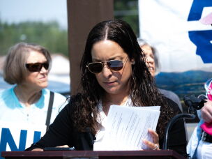 Alani Bankhead, the Democratic candidate for Senate in Montana, is seen preparing for a rally in East Helena, Mont. on Aug. 10, 2026 — the last day that ballots could be changed. Bankhead verified she was not dropping out of the race.