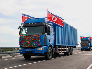 In this photo released by the Government of Primorsky Krai Region on Monday, Sept. 7, 2026, North Korean trucks drive across the new bridge between Russia and North Korea named after the Soviet officer Yakov Novichenko, who is credited with saving North Korea's founding leader, Kim Il-sung, over the Tumannaya River in Primorsky Krai Region of Russia.