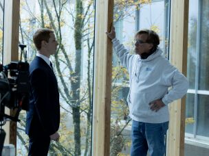 Aaron Sorkin, right, wrote and directed <em>The Social Reckoning</em>, 16 years after his Academy-winning turn as screenwriter of <em>The Social Network</em>, which told Facebook's origin story. Jeremy Strong, left, plays the role of company co-founder Mark Zuckerberg in the latest film.