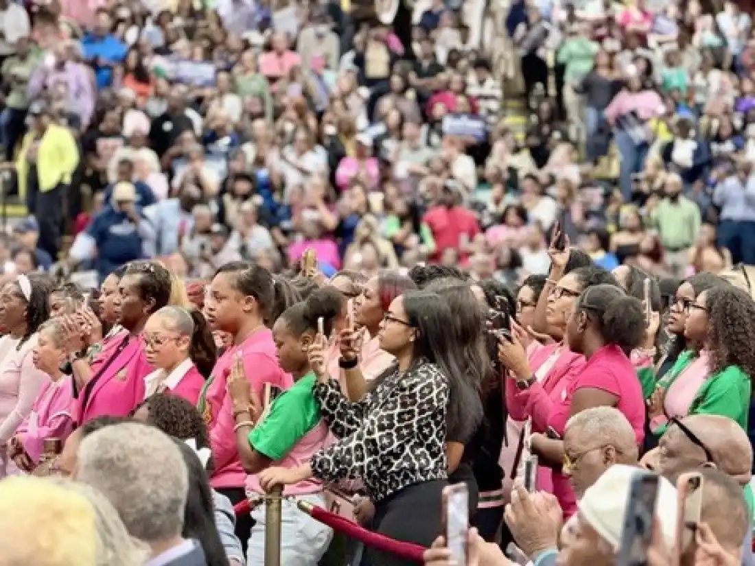 The crowd listens during a rally with former Vice President Kamala Harris and Mississippi's Democratic Senate nominee Scott Colom in Columbus, Miss., on Oct. 22.