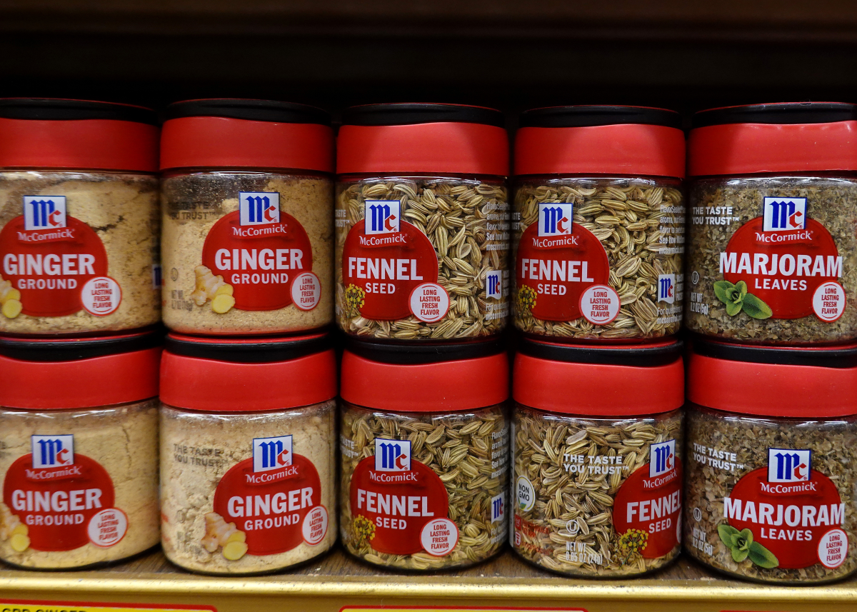 Containers of McCormick spices are displayed on a grocery store shelf on June 26, 2025 in San Anselmo, California.