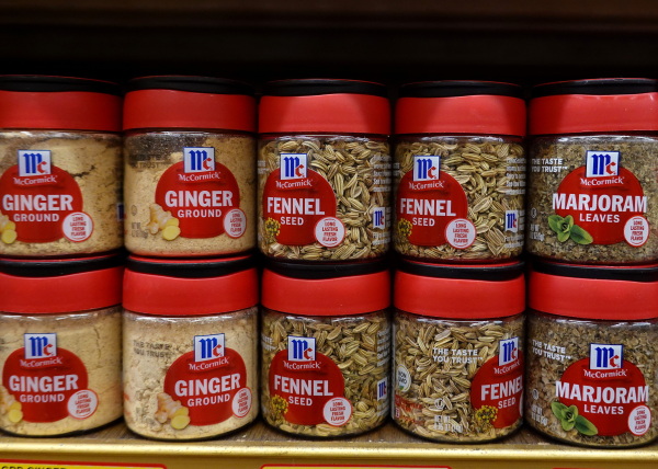 Containers of McCormick spices are displayed on a grocery store shelf on June 26, 2025 in San Anselmo, California.