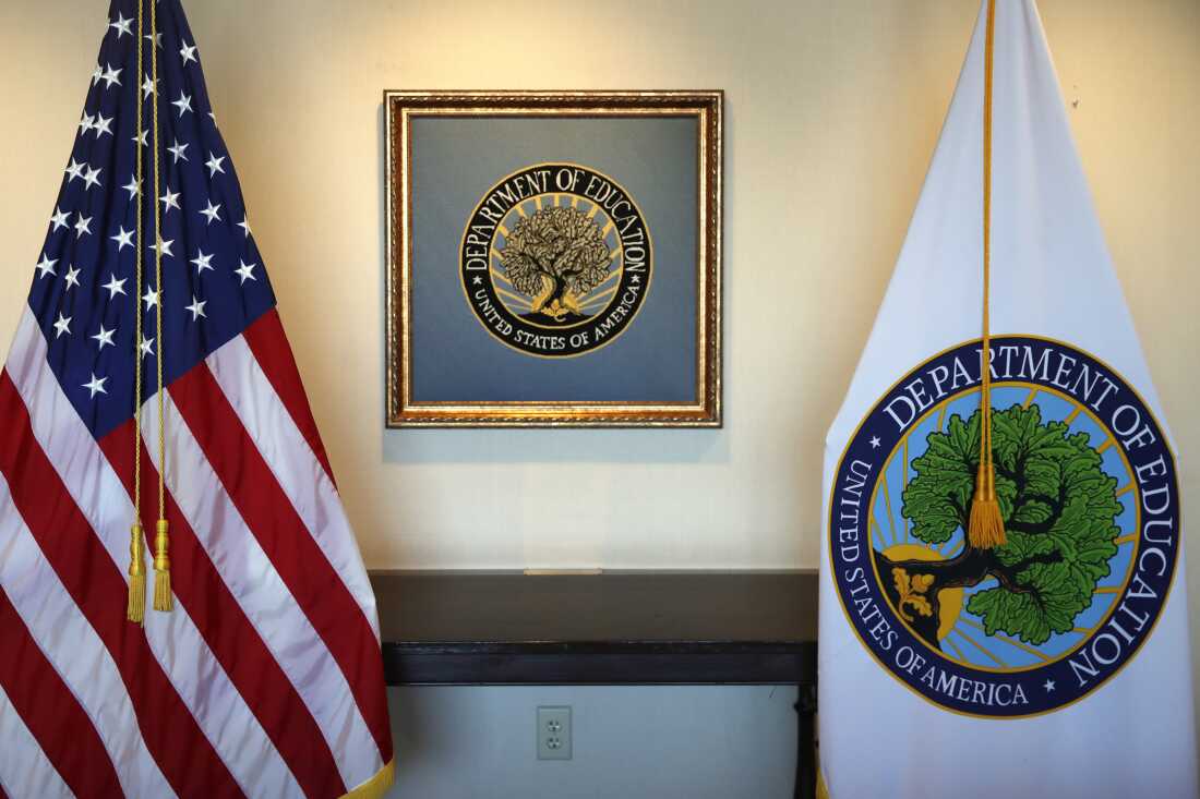 Flags decorate a space at the Education Department in Washington.
