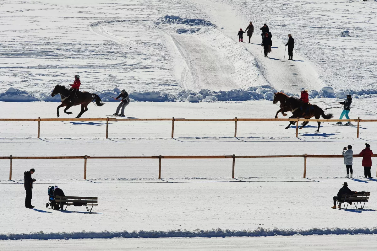 People practice skijoring on the frozen surface of Lake St. Moritz in 2017, just like in the 1928 Olympics.