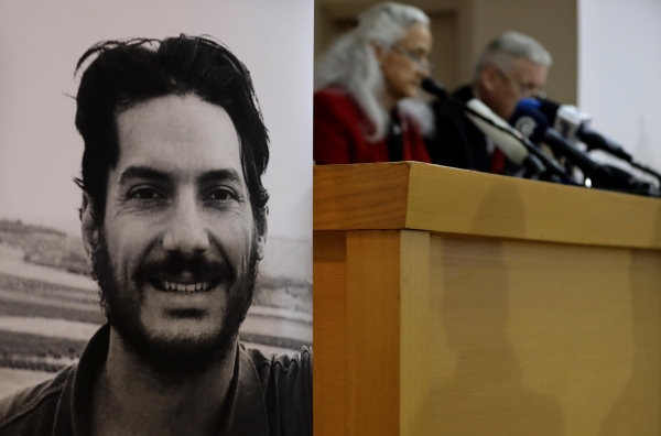 Marc and Debra Tice, the parents of American journalist Austin Tice (portrait, left), who was abducted in Syria more than 12 years ago, give a news conference in Beirut in 2018.