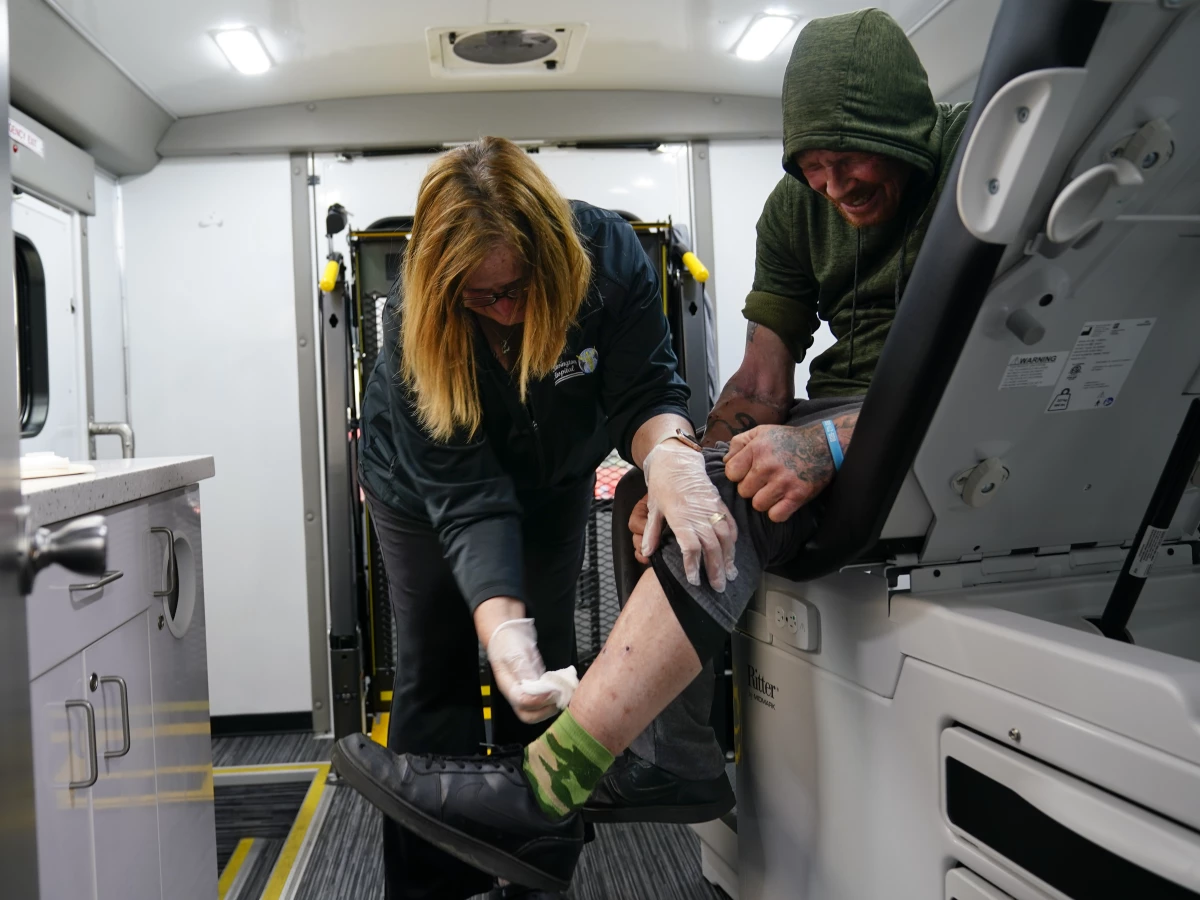 Registered nurse Kathy Lalli treats Ellwood Warren's injuries at the Kensington Hospital wound care outreach van, parked in the Kensington neighborhood of Philadelphia, on May 23, 2023. In humans, xylazine can cause breathing and heart rates to drop. It’s also linked to severe skin ulcers and abscesses, which can lead to infections, rotting tissue and amputations. Experts disagree on the exact cause of the wounds, which are much deeper than those seen with other injectable drugs.