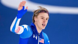 Jordan Stolz of the U.S. celebrates after competing in the men's 500 meters speedskating race at the 2026 Winter Olympicsin MilanItaly on Saturday.