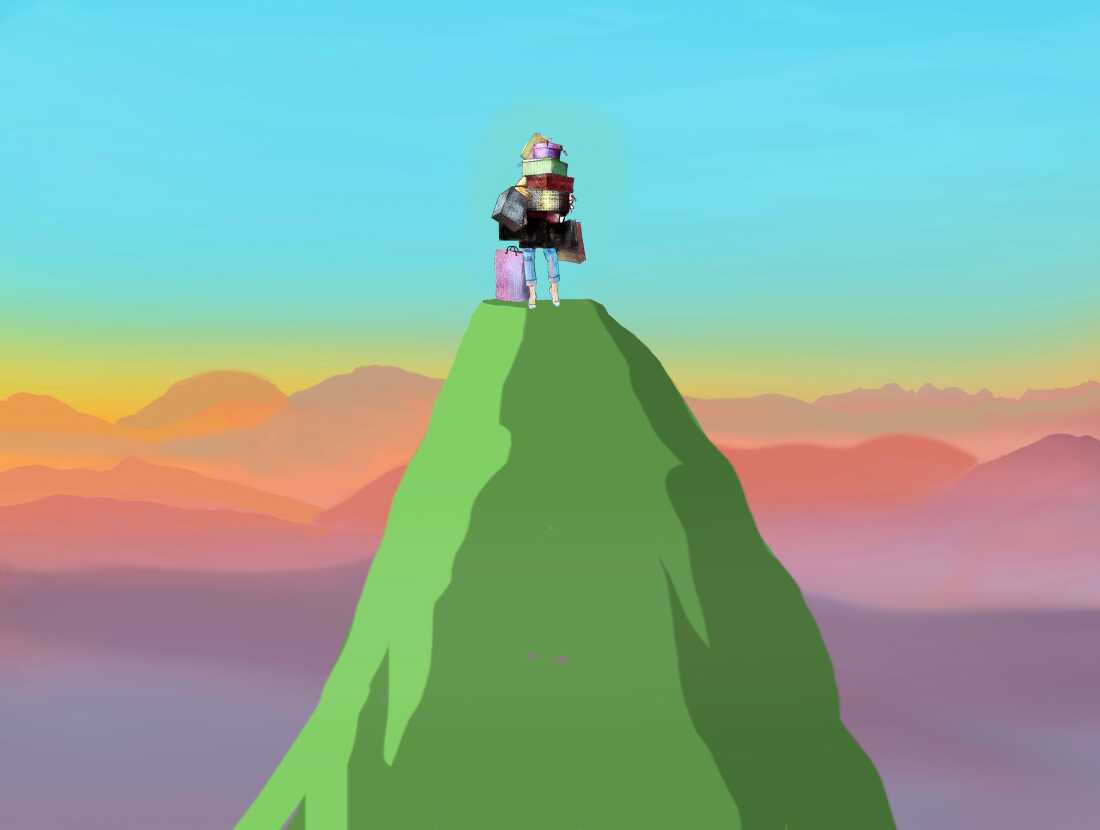 This illustration shows a person standing at the top of a very tall, steep, green mountain while holding a pile of packages and shopping bags that obscure their face and most of their body. The person is depicted against the backdrop of a beautiful sunset, alluding to the concept of impulse spending and compulsive shopping for nonessentials.