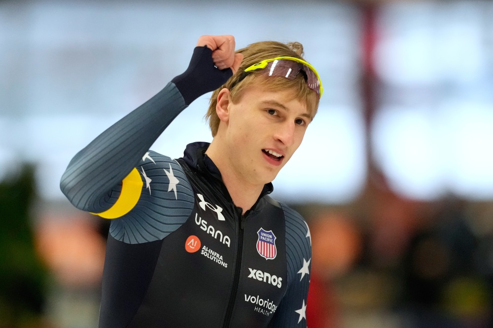 Jordan Stolz of the United States reacts during the men's 1000 meters at the World Cup speedskating event in Inzell, Germany, on Jan. 24. (AP)