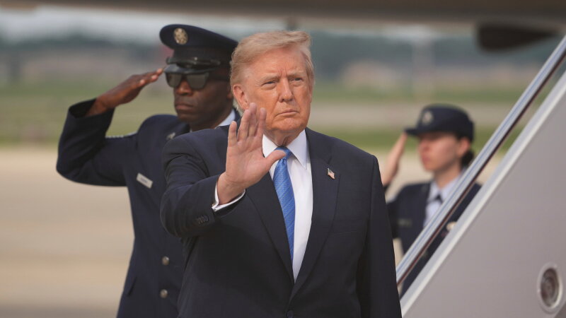 President Trump waves after arriving off Air Force One, Friday, Aug. 28, 2026, at Joint Base Andrews, Md.